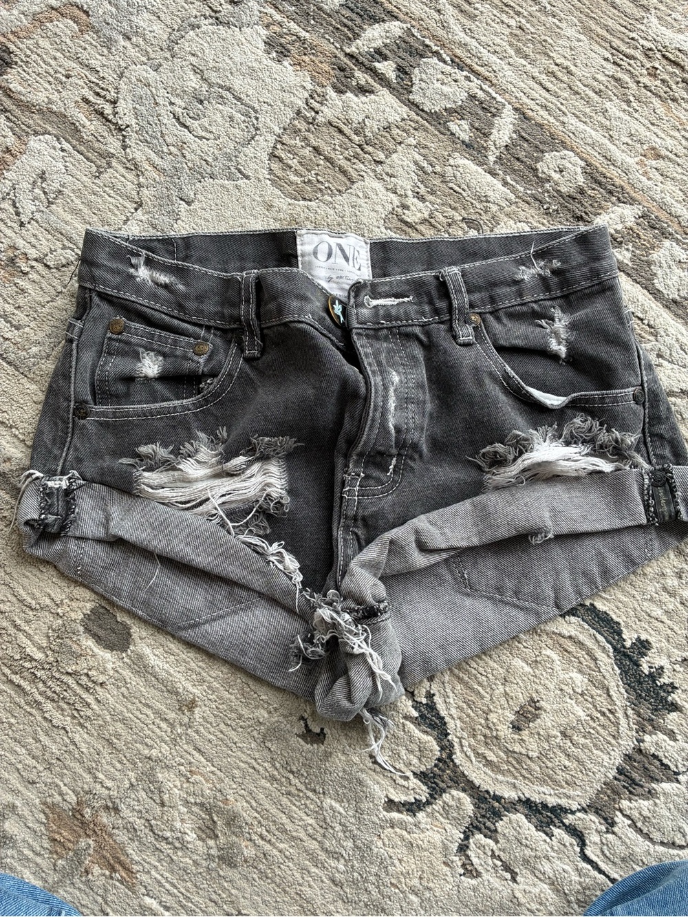 One Teaspoon Distressed Charcoal Gray Denim Cutoff Shorts
